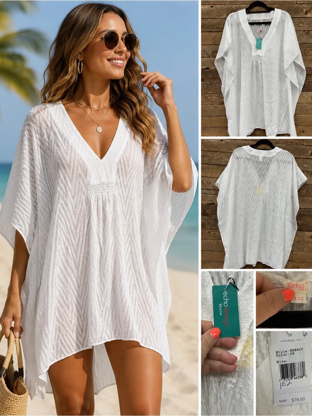 Echo Design Beach White Textured Sheer Swim Cover Up Caftan One Size NWT